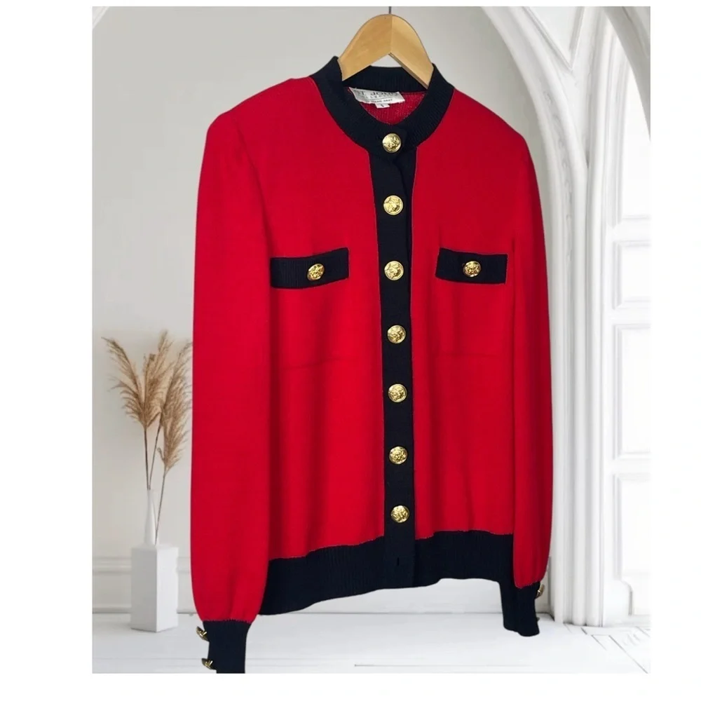 St John’s Vintage Red and Black Women's Cardigan with Gold Accents S - Picture 1 of 8
